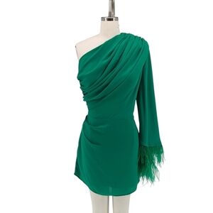 Lilly's Kloset One Shoulder Feather Mini Dress Green L cocktail party retro